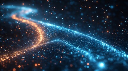 Obraz premium Abstract swirling blue orange particles glow brightly. AI Generated
