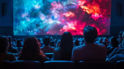 Audience members captivated by mesmerizing colors and dynamic patterns projected on a large screen during a late evening event focused on entertainment evolution