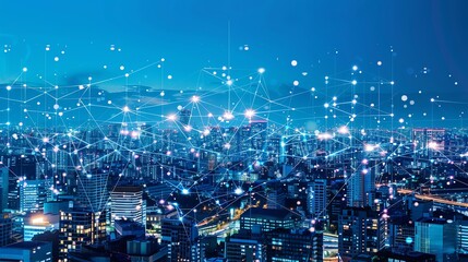 A cityscape at night with a network of glowing lines and dots overlayed.