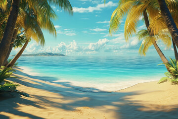Naklejka premium Sunny Tropical Beach Scene With Palm Trees And Blue Ocean