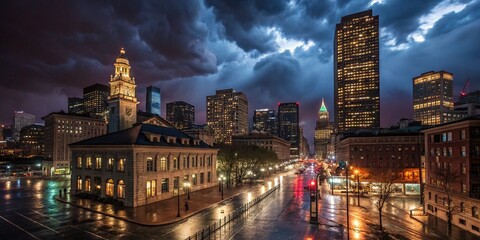 Fototapeta premium Dramatic Night Clouds over Downtown Boston Skyline