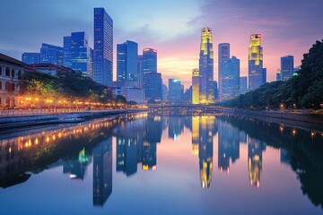 Fototapeta premium A scenic dusk view of a city skyline reflected in a calm river.