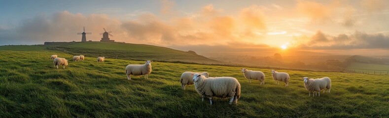 Fototapeta premium Serene Sunrise Over Rolling Hills with Sheep Grazing Near Traditional Windmills in a Picturesque Countryside Landscape
