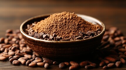 Chocolate powder and cacao beans arranged in a rustic bowl on a wooden surface