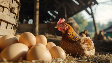 Brown fresh chicken eggs on dry straw in poultry farm, free-range or pasture-raised chicken egg farm