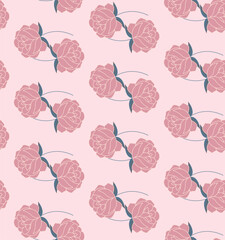 Seamless pattern featuring elegant pink peonies with blue leaves in flat style. Ideal for fabric, wallpaper, stationery, and gift wrapping. Modern floral design with a minimalist touch.