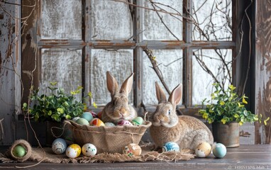 Easter photography backdrop, Easter photography backdrop, Easter backdrop, easter two bunny sitting on brown burlap with a basket of colorful eggs and green plants rustic wood window