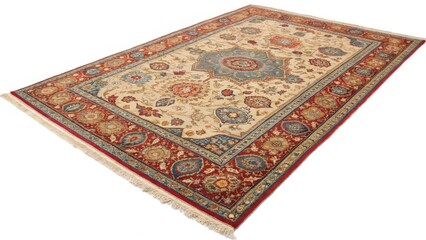 Oriental Rug, Cream, Red, and Blue Floral Pattern