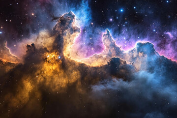 Naklejka premium Vibrant swirling colors in a mesmerizing nebula, glowing with cosmic energy and scattered bright stars, showcasing the beauty of the universe.