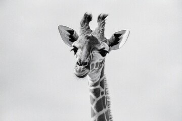 Majestic giraffe portrait against a soft gray background, showcasing its unique features and serene expression