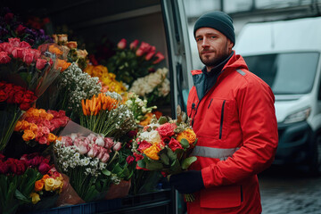 Happy flower delivery service representative in uniform standing next van, holding bouquet of flowers. Sale, online order of flowers for Valentine's Day, Mother's Day, Birthday, Wedding