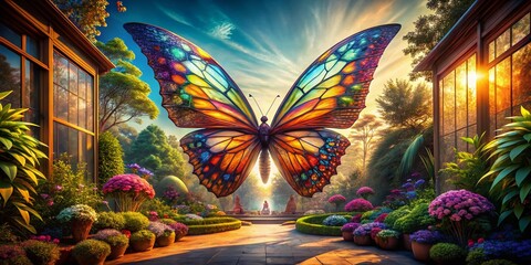 Fototapeta premium Dreamlike Fairy Wings & Geometric Butterfly in Vibrant Garden - Abstract 3D Art
