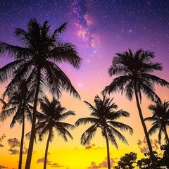 Naklejka premium silhouette of coconut trees swaying on a beach, under a breathtaking night sky filled with stars and constellations, highlighting the essence of Arecaceae and astronomy