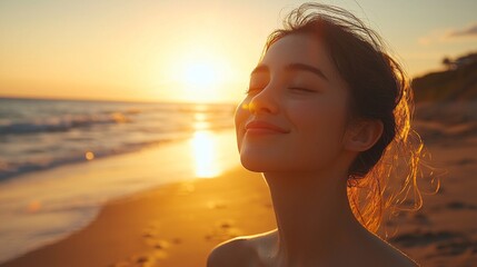 A joyful individual basks in the glow of a breathtaking sunset by the ocean. Waves gently lap at the shore while the golden light envelops them, creating a serene atmosphere of peace and happiness