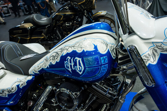 Verona, Italy : 2025 01 24 MBE Motor Bike Expo Custom Motorbike and Custom Muscle Car Event Title: Blue and White Custom Harley Bagger