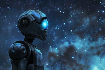 An introspective robot staring at the night sky, Futuristic humanoid robot, Aurora borealis and old wreck plane crashed in Iceland