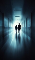 Couple walking down brightly lit hospital hallway, hope, recovery