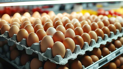 Fresh brown chicken egg arrange neatly on carton box in the supermarket shelf