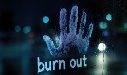 Burnout, A Handprint on a Rainy Window at Night