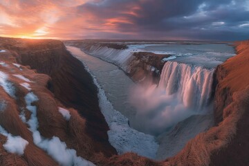 Gullfoss waterfall cascades into canyon during sunset with vibrant sky and icy surroundings in Iceland