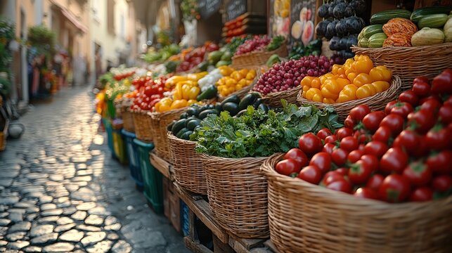 Colorful street vendor display of fresh vegetables in a quaint market setting