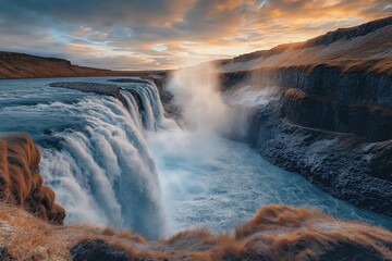 Fototapeta premium Majestic waterfall cascading over cliffs during a vibrant sunset in a scenic landscape