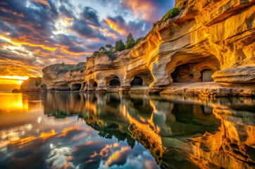 Naklejka premium Golden hour seaside cliffs, A stunning sunset illuminates rocky cliffs and caves, reflecting beautifully in the calm waters below.