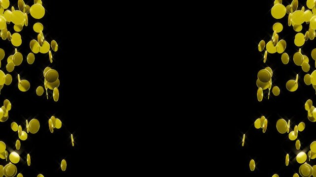 Frame of gold coin particles spraying from the side and falling down Loop Alpha channel 4k 3dcg