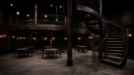 Naklejka premium Dark Wooden Interior with Spiral Staircase and Tables