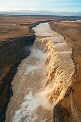 Majestic waterfall cascading into a river gorge surrounded by barren landscape in daylight