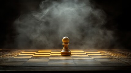 A pawn advancing on a chessboard under dramatic lighting conceptual art studio setting perspective on strategy