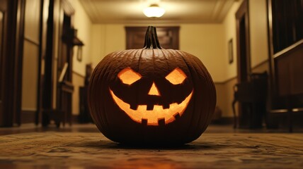 Fototapeta premium Spooky pumpkin display haunted hallway halloween decoration indoor setting low angle festive atmosphere