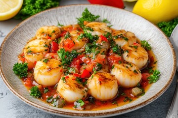 Scallop: A fine dining seafood delicacy. Delicious scallops served with herbs and tomatoes on a plate.