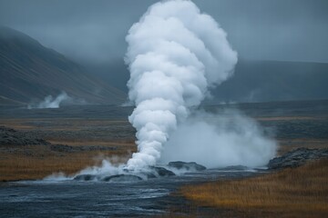 Obraz premium Steam rises from geothermal vents, creating a mystical landscape in a remote volcanic region