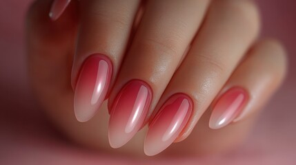 Elegant ombre nail art in neutral tones with glossy finish against soft pink background