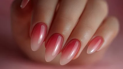 Selbstklebende Fototapeten Elegant ombre nail art in neutral tones with glossy finish against soft pink background © Iurii