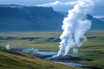 Steam rises from geothermal vents in a lush valley surrounded by rugged mountains in Iceland