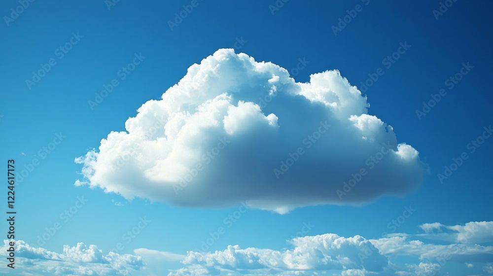 Poster bright blue skies provide a backdrop for fluffy white clouds that float effortlessly, creating a pea