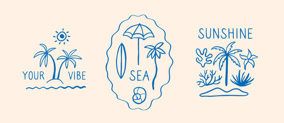 Minimalistic print with groovy abstract beach elements in doodle ink style. Abstract Sun and palm boho print