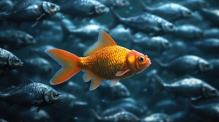 Vibrant leader goldfish swimming among school of fish in underwater world artistic digital illustration