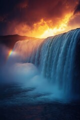Majestic waterfall under dramatic sunset with vibrant rainbow and rushing water