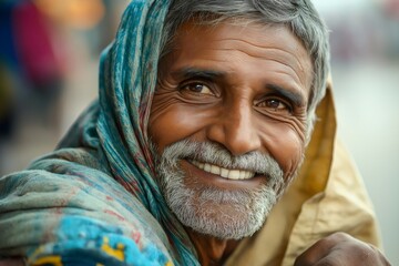 Close up of a cheerful Indian elder displaying a genuine smile and wearing traditional attire, conveying warmth and wisdom