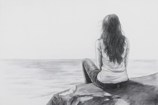 Pencil drawing of a young woman sitting on a rock by the ocean, contemplating the horizon