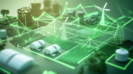 Fototapeta premium A 3D representation of a sustainable economy, showing interconnected energy, farming, and technology hubs, glowing green lines linking them, soft pastel lighting creating a calm, innovative mood