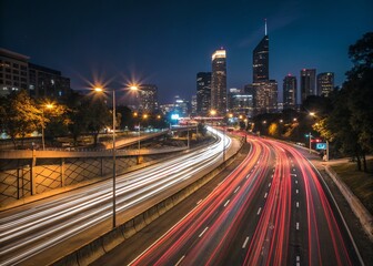 Obraz premium Dynamic City Highway Night Light Trails - Urban Transportation Energy