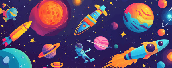 Colorful space adventure vector: rockets and planets.