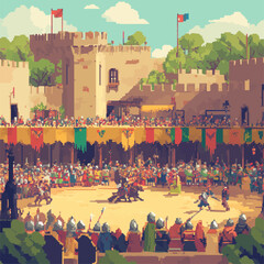 Medieval vector art depicting a vibrant jousting tournament.