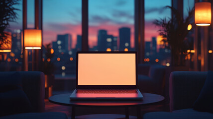 Modern workspace setup with empty laptop screen urban apartment digital mockup evening ambiance artistic perspective