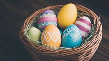 Decorated Easter Eggs in Woven Basket Nest