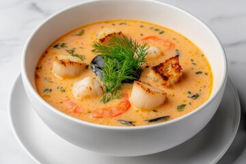 Scallop: A fine dining seafood delicacy. Creamy seafood soup garnished with herbs in a white bowl.